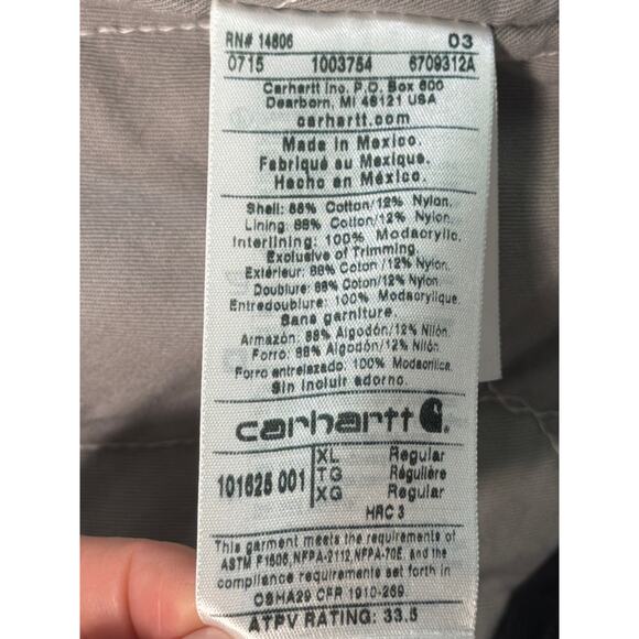 Carhartt FR 101625 Jacket Mens XL Black Quilt Lined Duck Coat Workwear NFPA 2112 - Picture 7 of 10